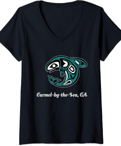 Womens Carmel--by-the-Sea Native American Tribal Orca Killer Whale V-Neck T-Shirt