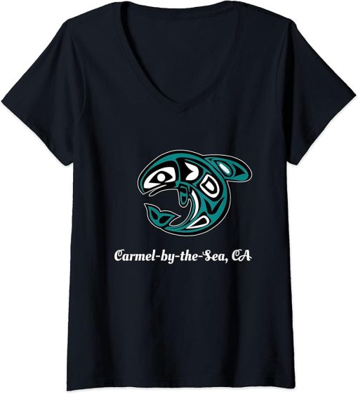 Womens Carmel--by-the-Sea Native American Tribal Orca Killer Whale V-Neck T-Shirt