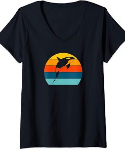 Womens Orca Killer Whale Retro Vintage Sunset Women Men Girls Boys V-Neck T-Shirt