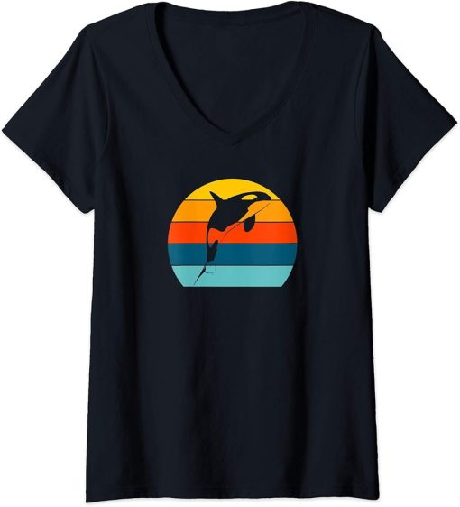 Womens Orca Killer Whale Retro Vintage Sunset Women Men Girls Boys V-Neck T-Shirt