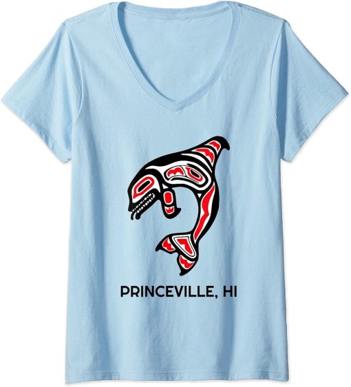 Womens Princeville HI Native Aboriginal Orca Killer Whales V-Neck T-Shirt