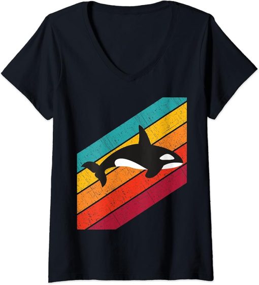 Womens Orca Retro Vintage Style Killer Whale V-Neck T-Shirt