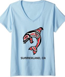 Womens Summerland, California Native American Orca Killer Whale V-Neck T-Shirt