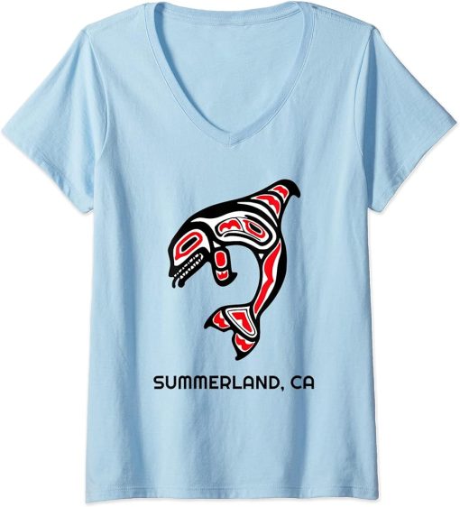 Womens Summerland, California Native American Orca Killer Whale V-Neck T-Shirt