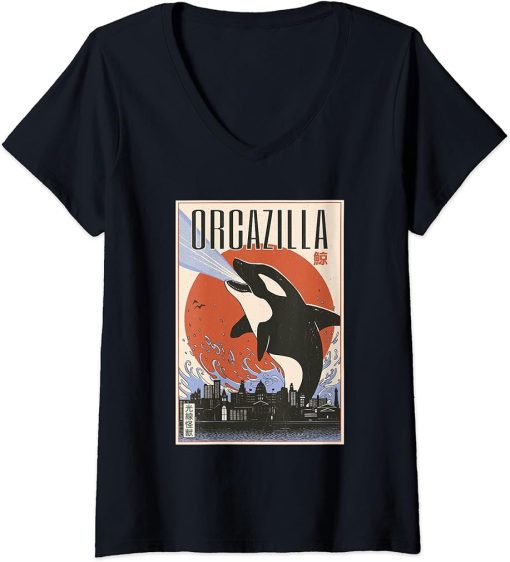 Womens Orca-Whale Monster in Vintage Japanese Poster Orcazilla V-Neck T-Shirt